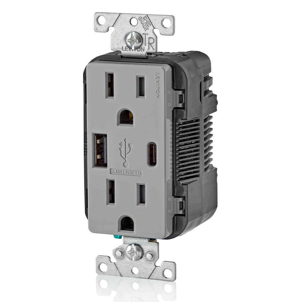 Leviton 15A 125V 5-15R Gray Outlet with USB Type A/C Charger