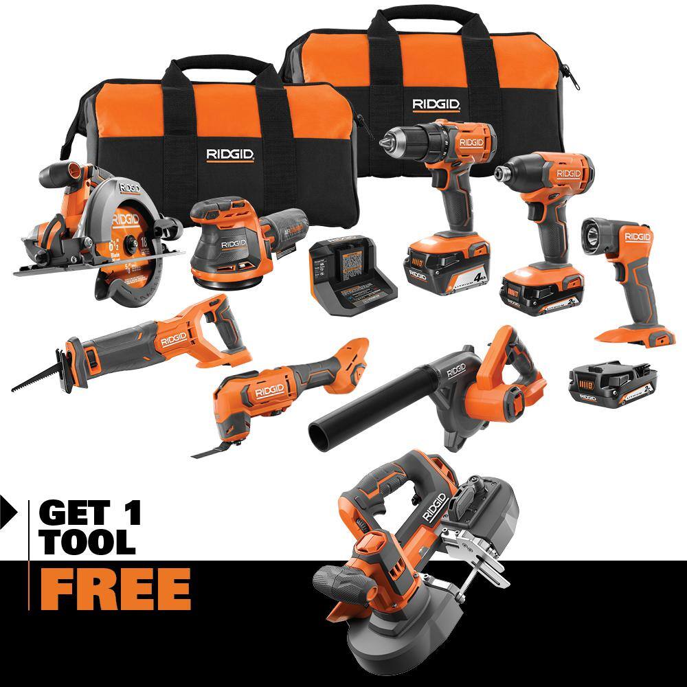 RIDGID 18V Cordless 8-Tool Combo Kit with (3) Batteries Charger and Bag with 18V Bandsaw R96258-R8604B