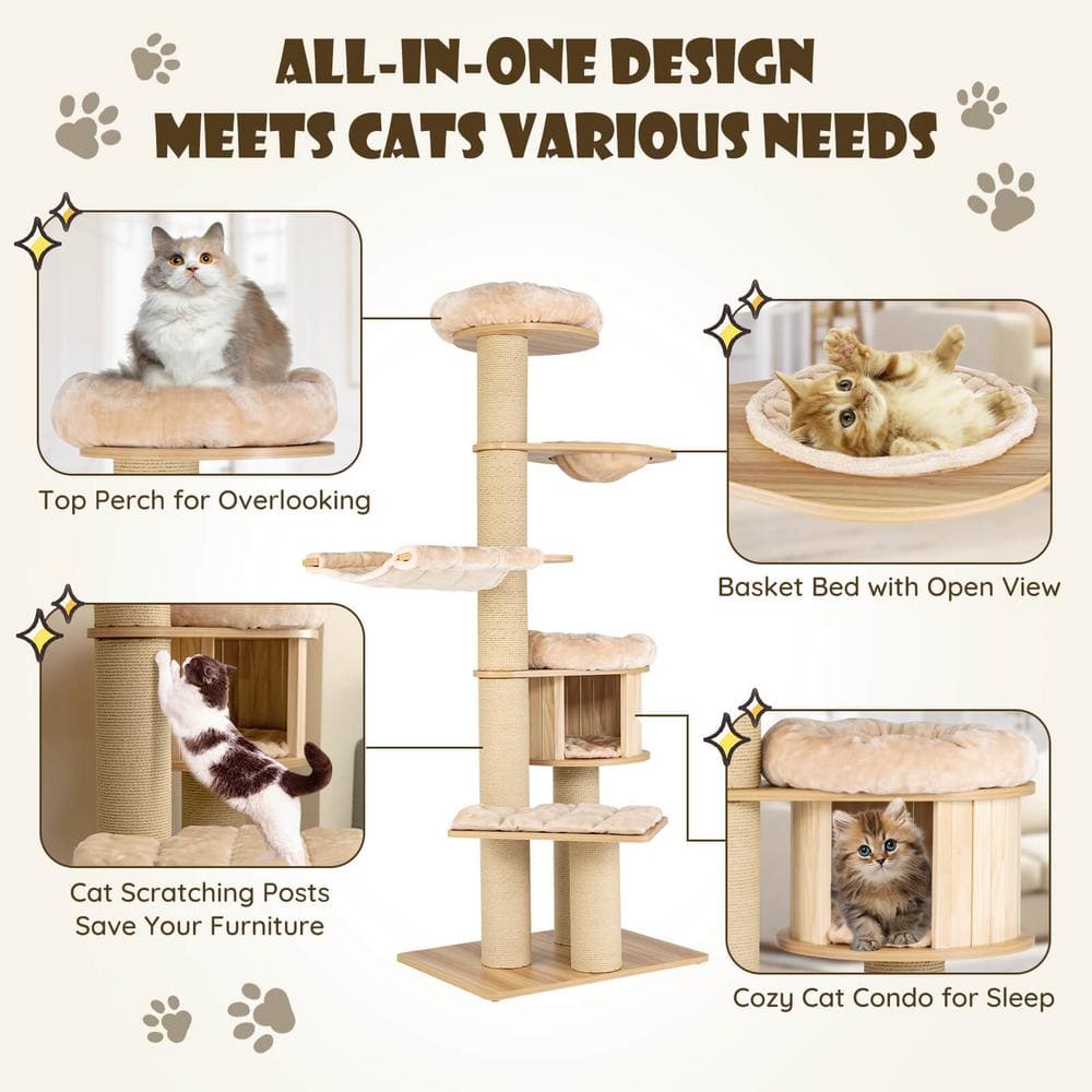 ANGELES HOME Wood Modern Tall Cat Tree Tower with Scratch Posts and Washable Mats 108CKPV27BE