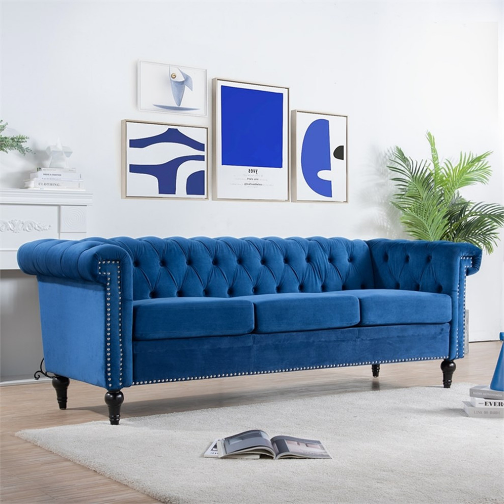 CRO Decor 83.5  x27 x27Traditional Square Arm Removable Cushion 3 Seater Sofa (Blue)   Eclectic   Sofas   by Homesquare  Houzz