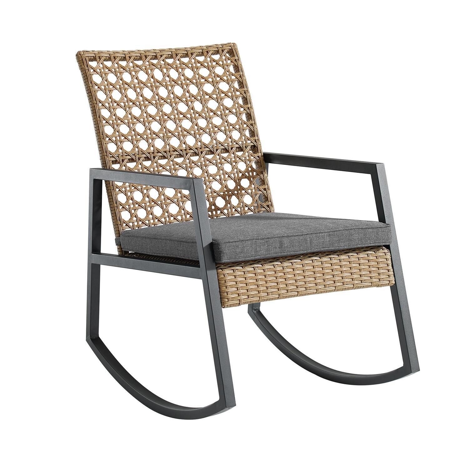 Ultimate Patio Pointebell Rattan and Steel Patio Rocking Chair W/ Gray Cushion