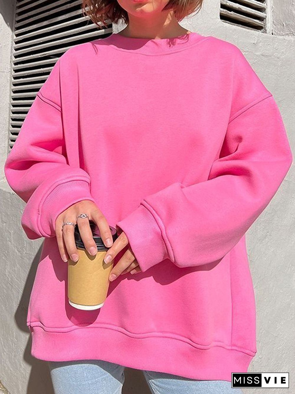 Long Sleeves Loose Solid Color Round-Neck Sweatshirt Tops