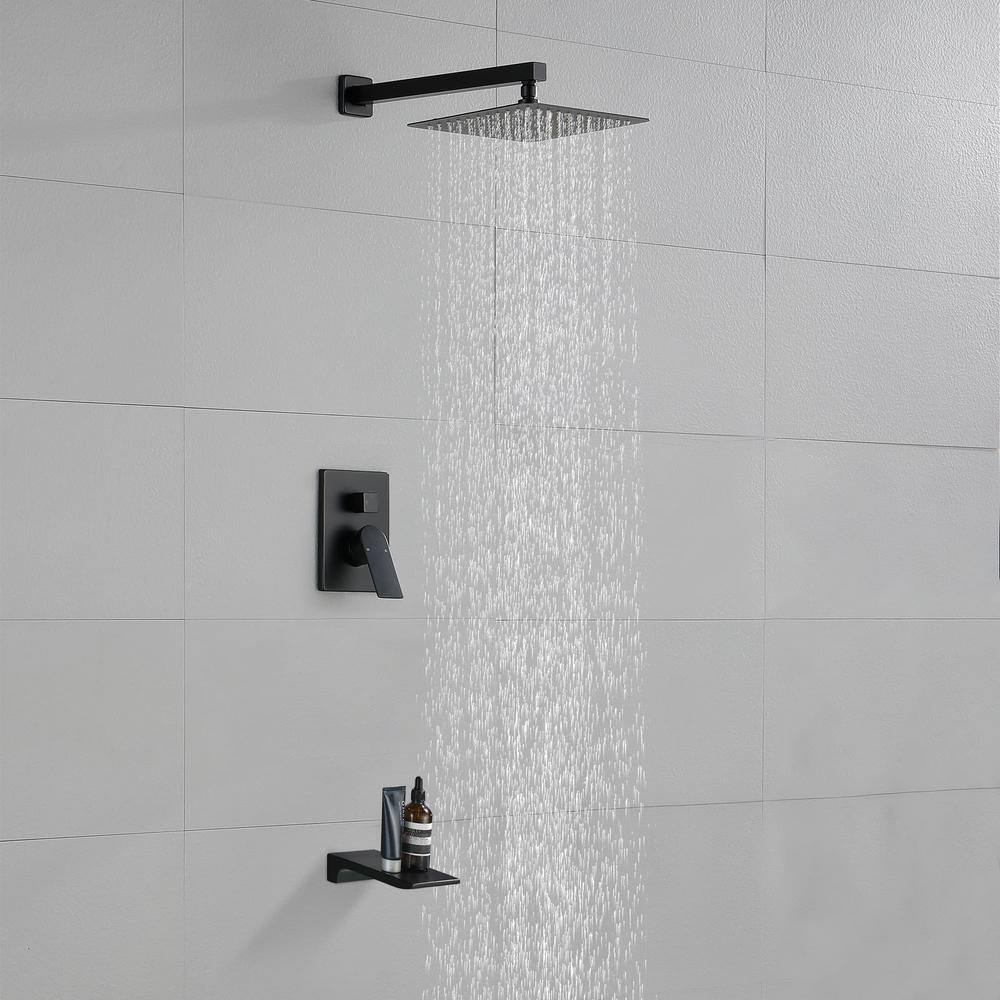 FLG Single-Handle 1-Spray Tub and Shower Faucet with 10 in. Shower Head Brass Shower System in Matte Black (Valve Included) SS-0176-MB