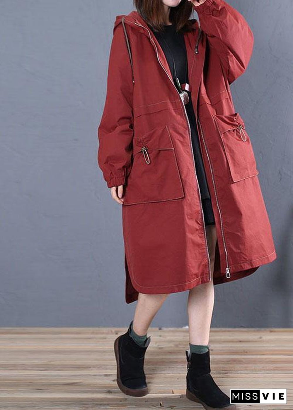 Elegant Loose fitting long jackets fall jacket red side open hooded Coat Women