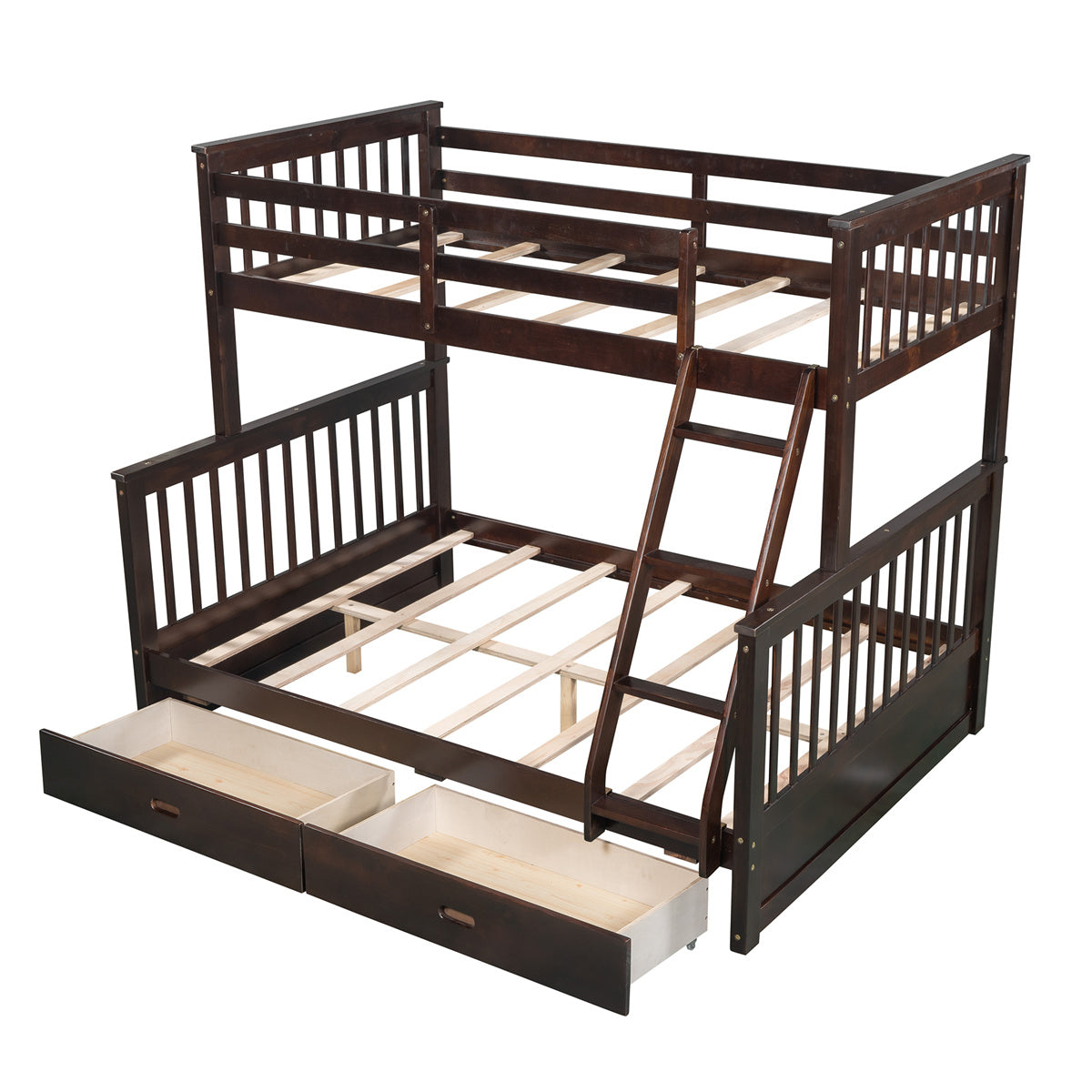 Twin Over Full Bunk Bed with Two Storage Drawers, Pine Wood Frame and Ladder with Guard Rails for Teens, Boys, Girls, Brown