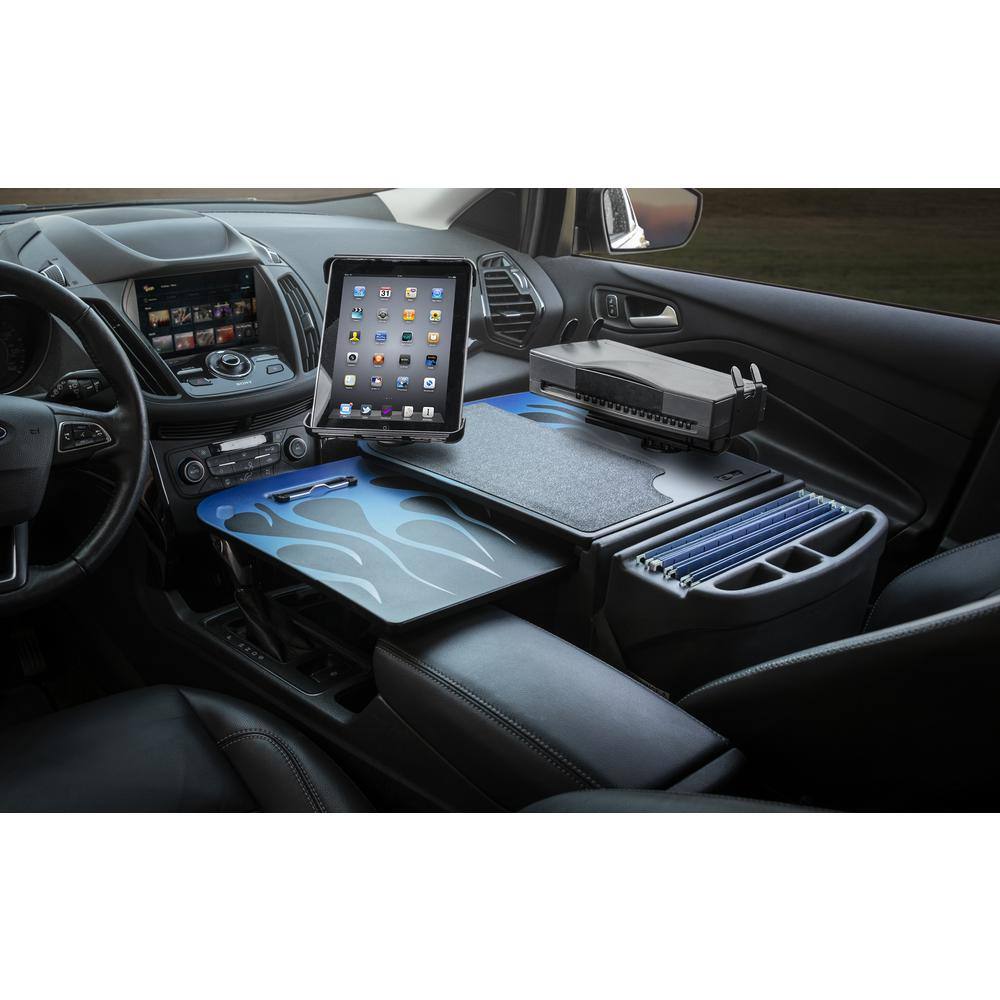 AutoExec GripMaster Car Desk Blue Steel Flames with Printer Stand and Tablet Mount AEGrip-03P-BSF