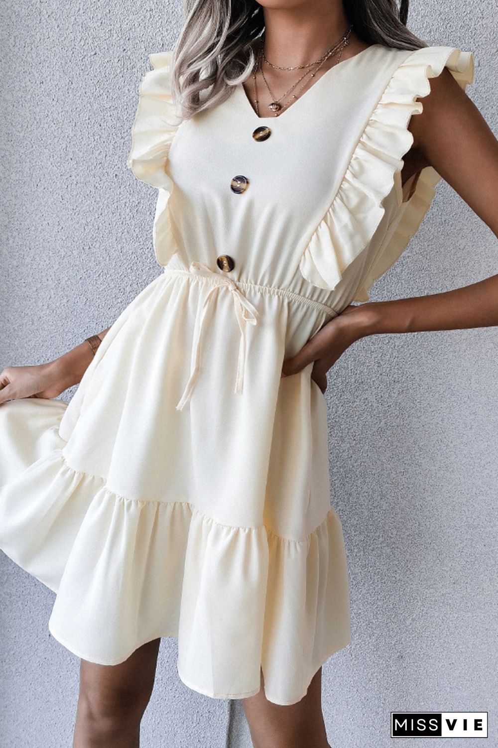 Casual Elegant Solid Buckle Flounce V Neck Waist Skirt Dresses