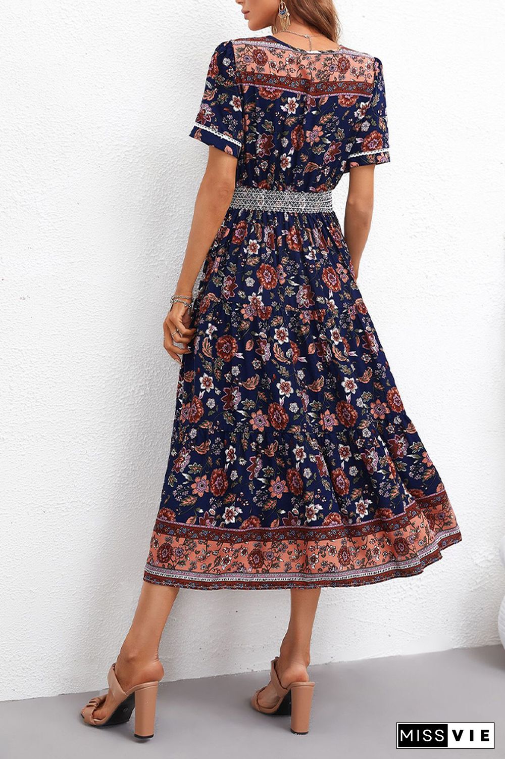 Bohemia Vintage Tiered Short Sleeve Flower Dress