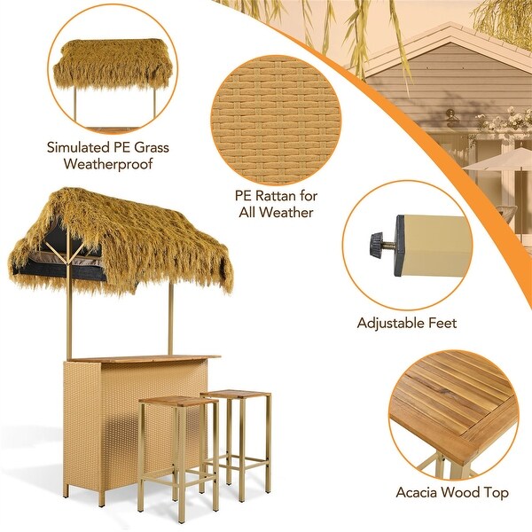 HawaiianStyle Outdoor Bar Table and Stools Set with PE Grass Canopy