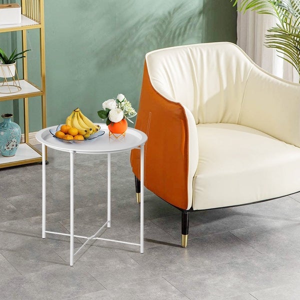 Tray End， Folding Round Metal Side Sofa Table Anti-Rust and Waterproof Outdoor or Indoor