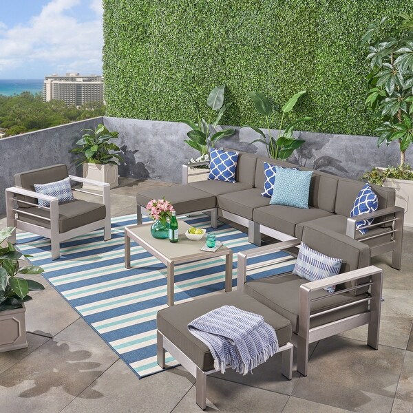 Cape Coral Outdoor 6Seater Aluminum Sectional Sofa Set with Ottomans and Coffee Table by Christopher Knight Home