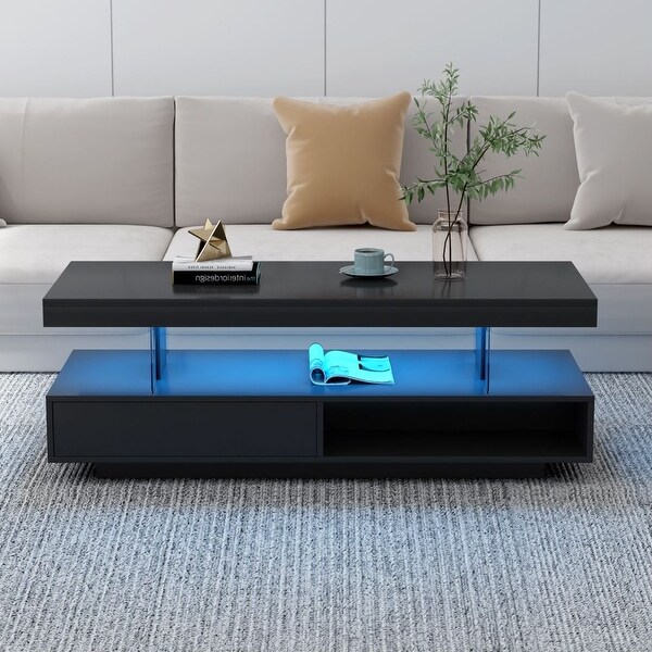 Modern Center Table with 2 Drawers LED Lights and Display Shelves