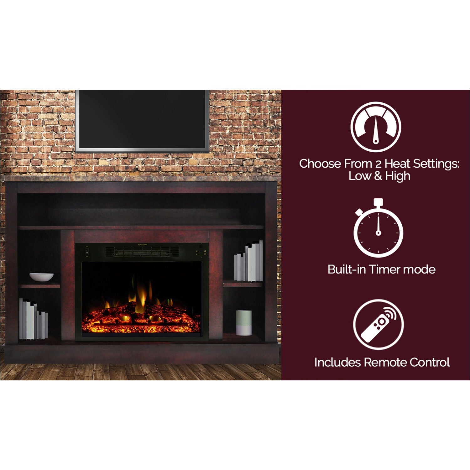 Cambridge Seville 47'' Freestanding Electric Fireplace with Remote| Multi-Color Flame| Log Insert | Cherry Mantel | For Rooms up to 210 Sq.Ft. | Adjustable Heat Settings | Timer