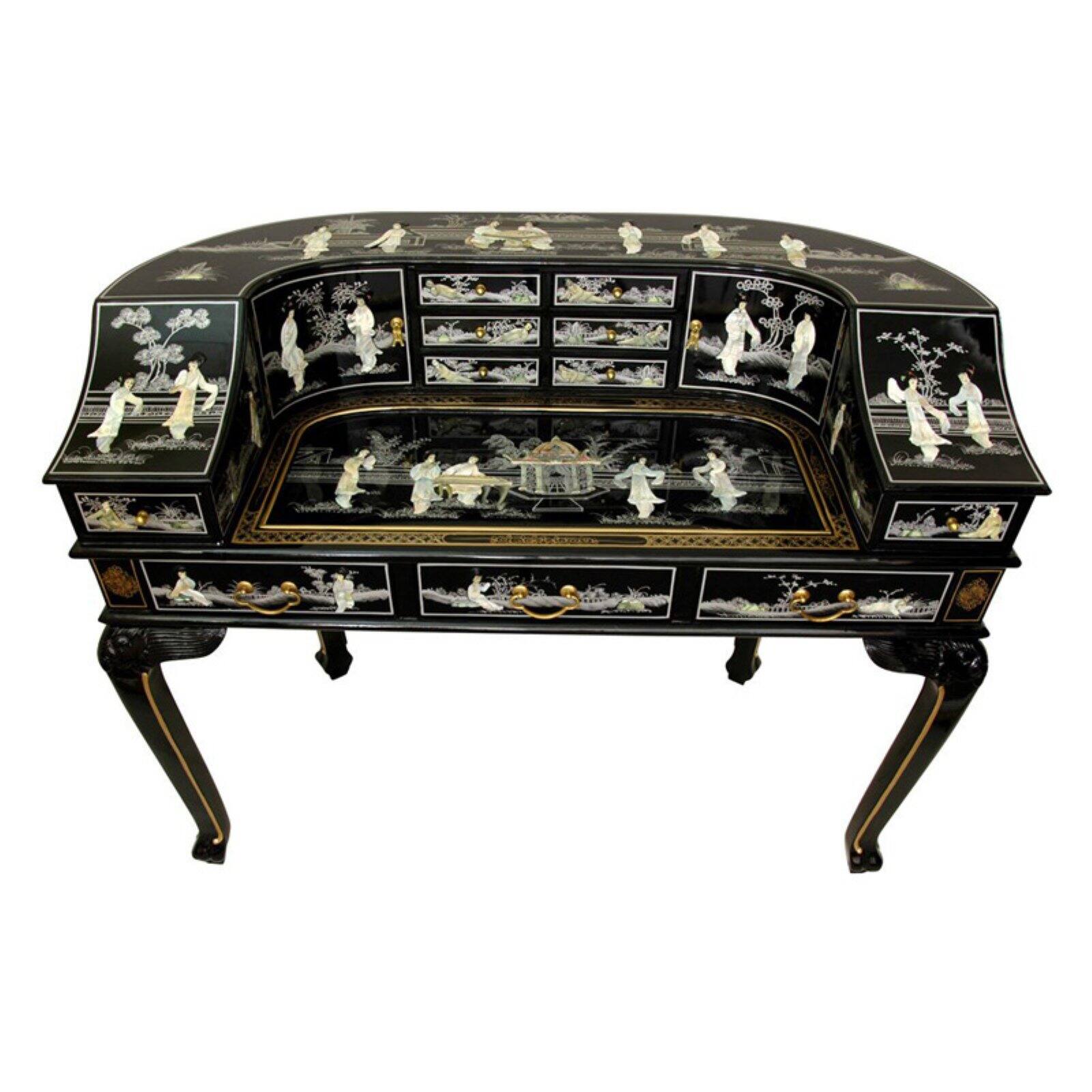 Oriental Furniture Black Lacquer Ladies Desk with Gold Chinoiserie