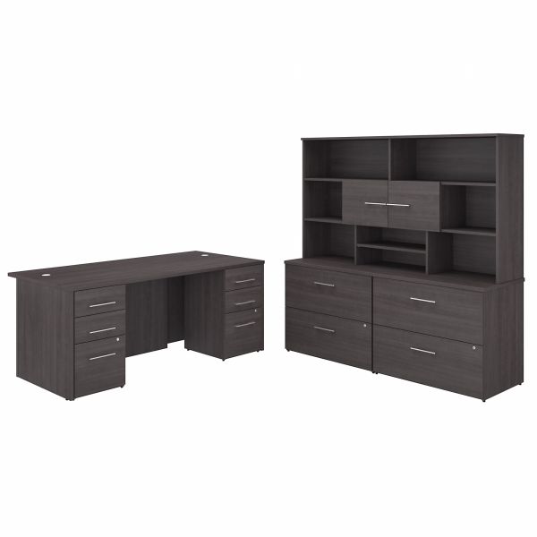 Bush Business Furniture Office 500 72W x 36D Executive Desk with Drawers， Lateral File Cabinets and Hutch in Storm Gray