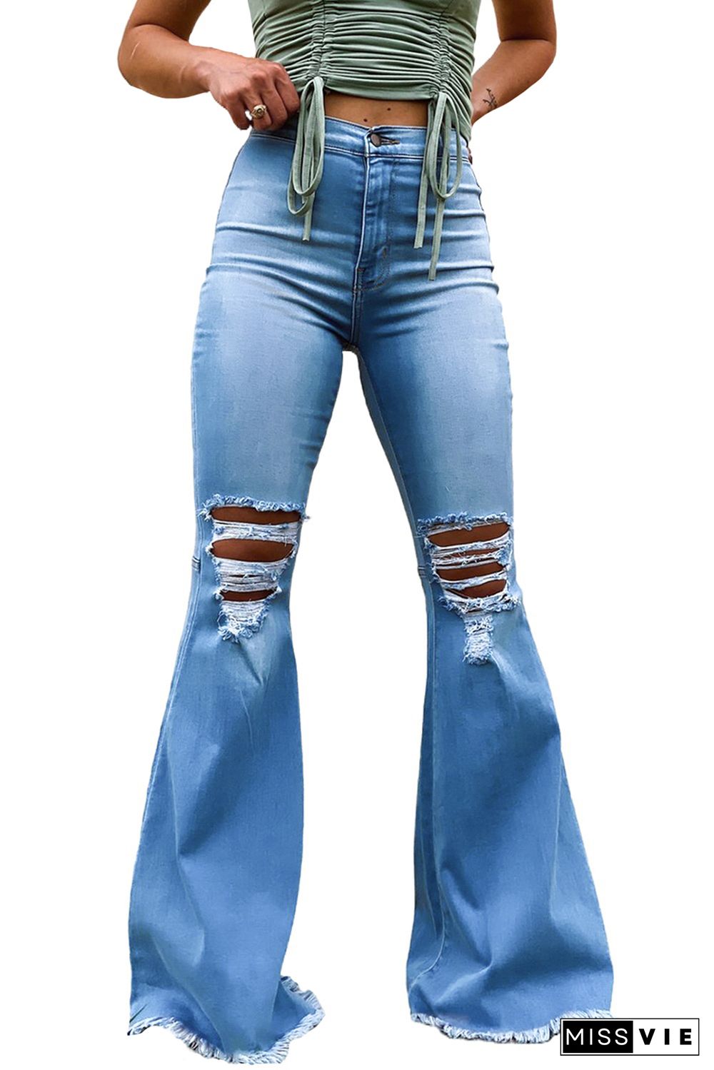 Sky Blue High Waist Raw Hem Button Ripped Flare Jeans