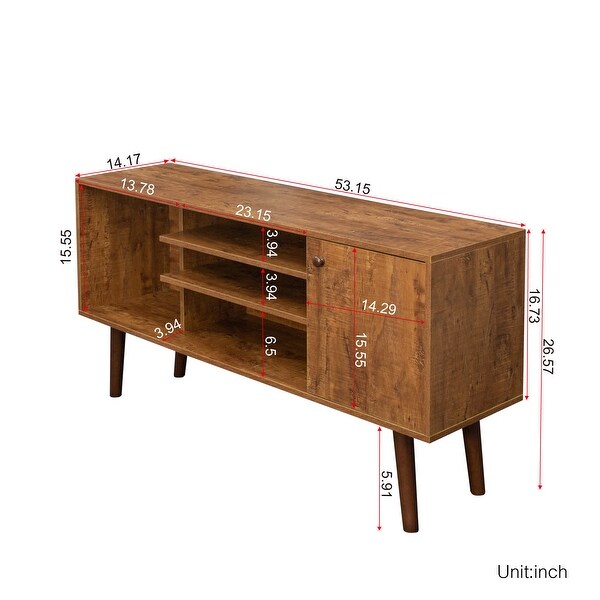 53'' Mid-Century Wooden Legs TV Stand with 2-Tier Open Shef， 1 Large Grid and 1 Small Cabinet for Living Room (up to 55 Inch)