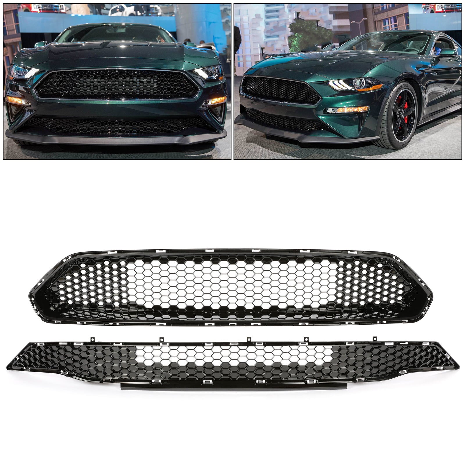 Kojem Front  Bumper Upper + Lower Grille for 2018 2019 2020 2021 Ford Mustang GT Ecoboost Grill Bullitt Style Glossy Black Honeycomb