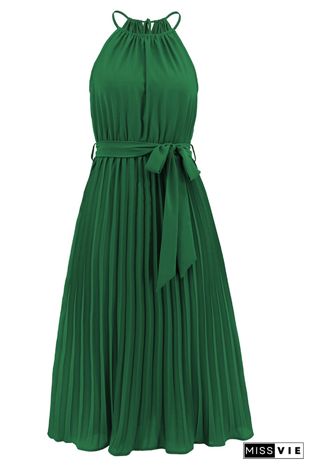 Plain Halter Sleeveless Pleated Midi Dress