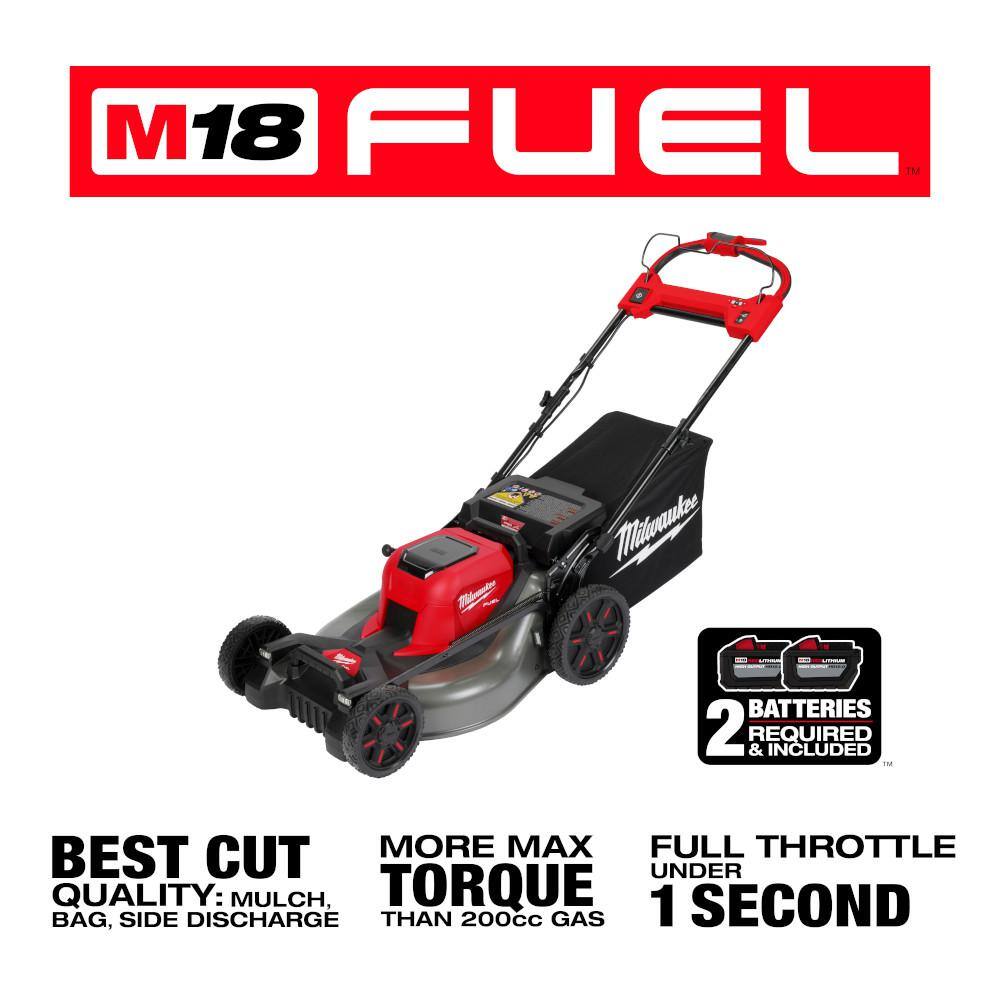 Milwaukee M18 FUEL Brushless Cordless 21 in. Dual Battery Self-Propelled Lawn Mower w Blower  (2) 12.0Ah Batteries 2823-22HD-2724-20