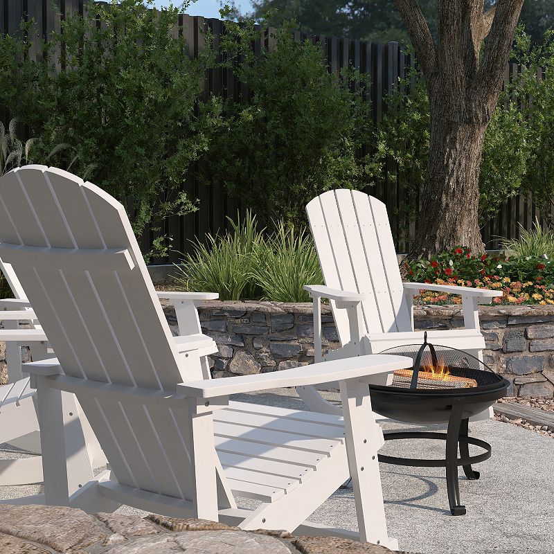 Merrick Lane Atlantic Outdoor Set with Classic Adirondack Rocking Chairs and Wood Burning Fire Pit with Poker/Spark Screen