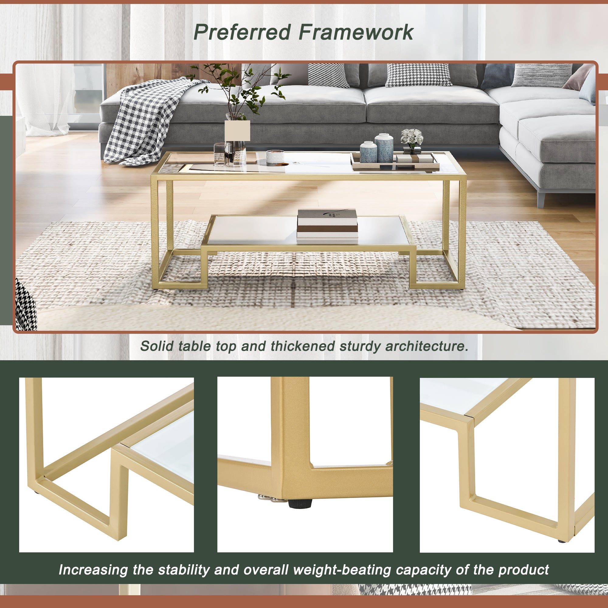 Modern Minimalist Design Living Room Coffee Table, Metal with Stained White Tempered Glass, 2-Tier Sofa Cocktail Tables, Gold