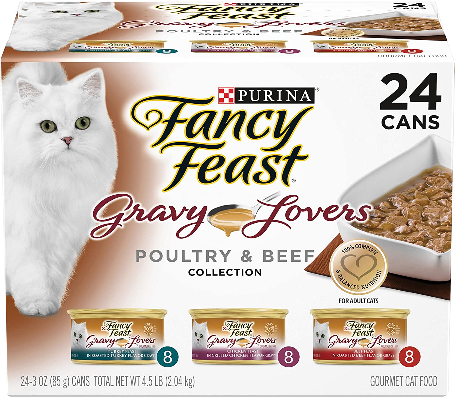 Purina Fancy Feast Gravy Wet Cat Food Variety Pack， Gravy Lovers Poultry and Beef Feast Collection - (24) 3 oz. Cans