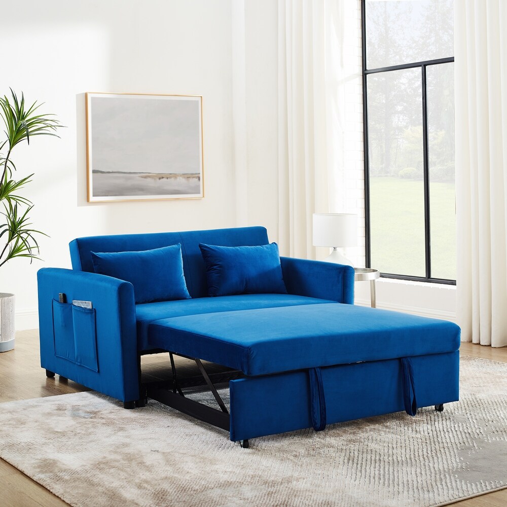 Velvet Upholstered Pull out Sleeper Sofa Convertible Sofa Bed with Adjustable Backrest  Lumbar Pillows and Side Pockets