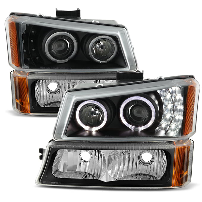 Fit 2003-2006 Chevy Silverado Black Halo LED Projector Headlights+Corner Bumper