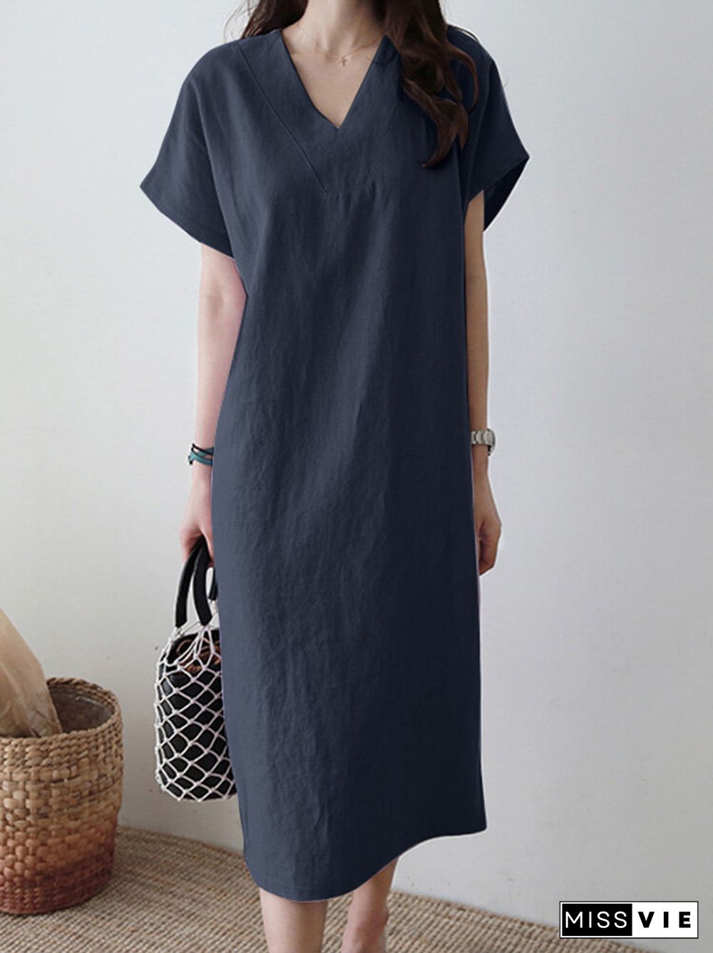 Solid V-neck Short Sleeve Dress For Women