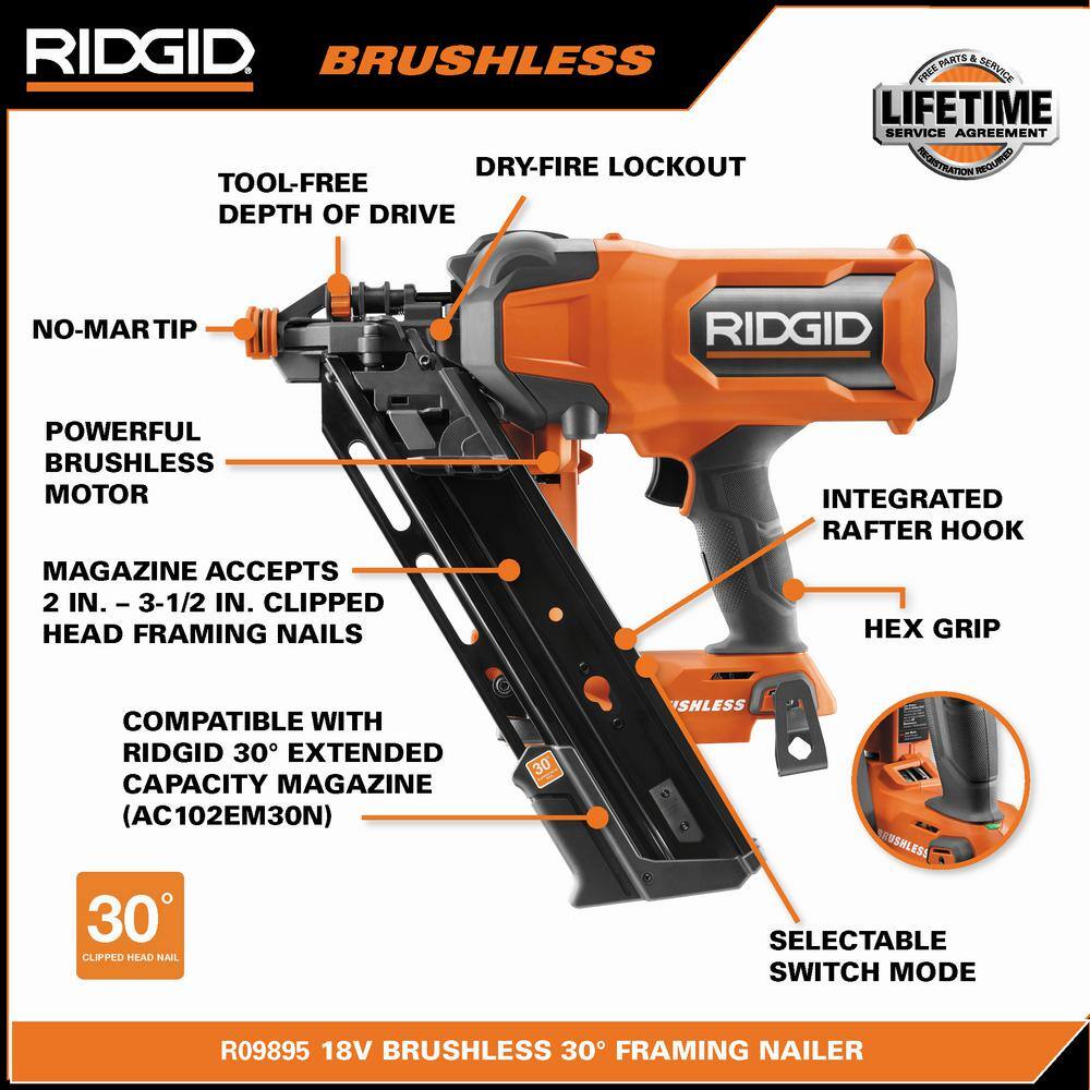 RIDGID 18V Brushless Cordless 30 3-12 in. Framing Nailer with Brushless 3-Speed 14 in. Impact Driver (Tools Only) R09895B-R862311B