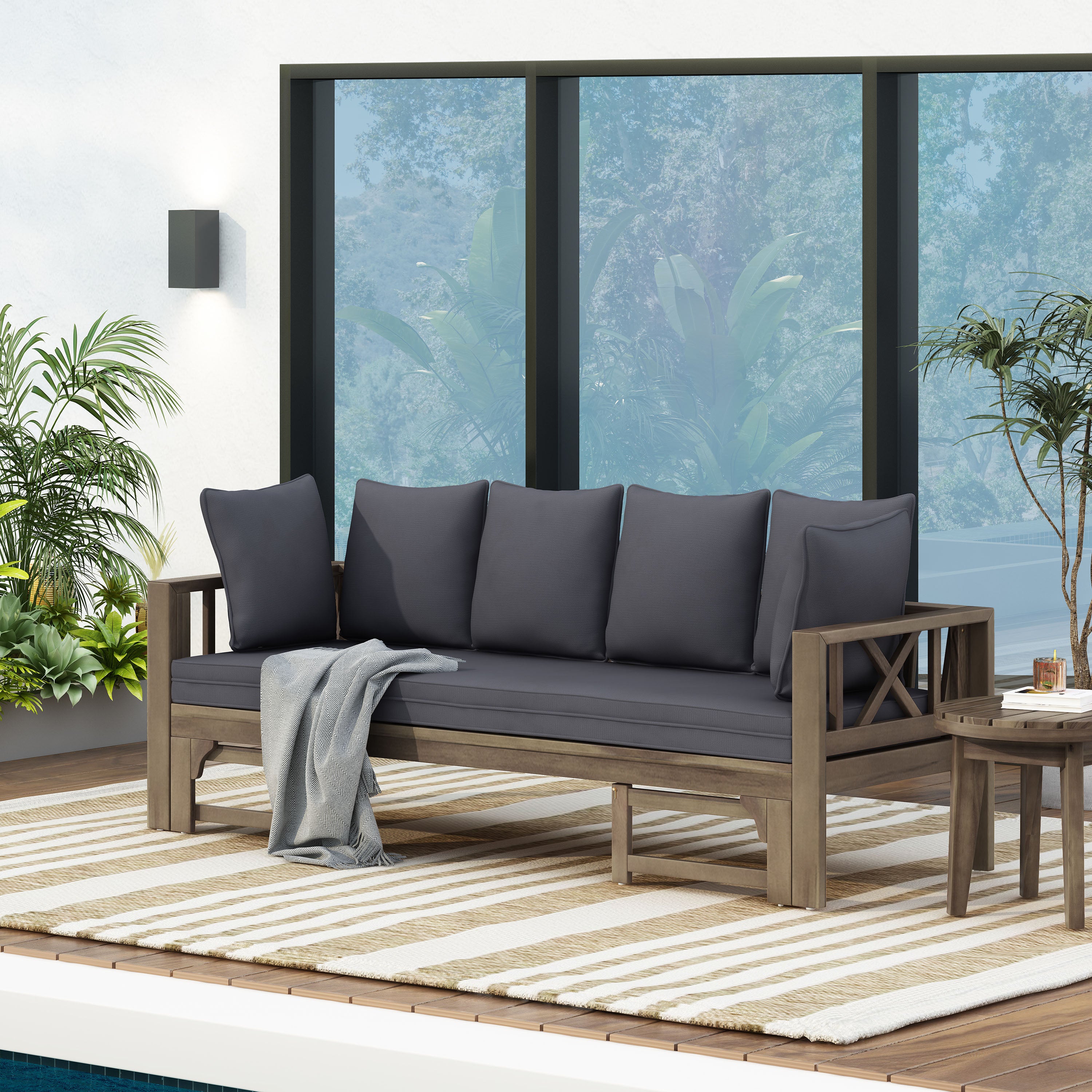 Camille Outdoor Extendable Acacia Wood Daybed Sofa