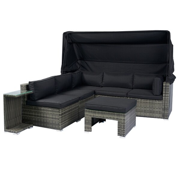 7Piece Patio Furniture Set，Retractable Canopy Rattan Sofa Set