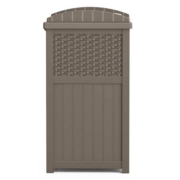 Suncast Wicker Plastic Outdoor Hideaway Trash Can With Sturdy Base amp Latching Lid For Use In Lawn Backyard Deck Or Patio Dark Taupe 2 Pack