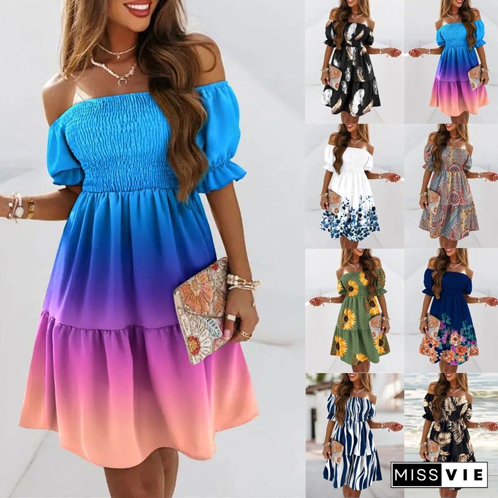 Summer Boho Beach Dress Women Short Sleeve Neck Waist Pleated Print Dress Vestidos De Mujer