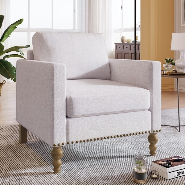 Mid Century Classic Linen Armchair Accent Chair with Bronze Nailhead Trim Wooden Legs Single Sofa Couch