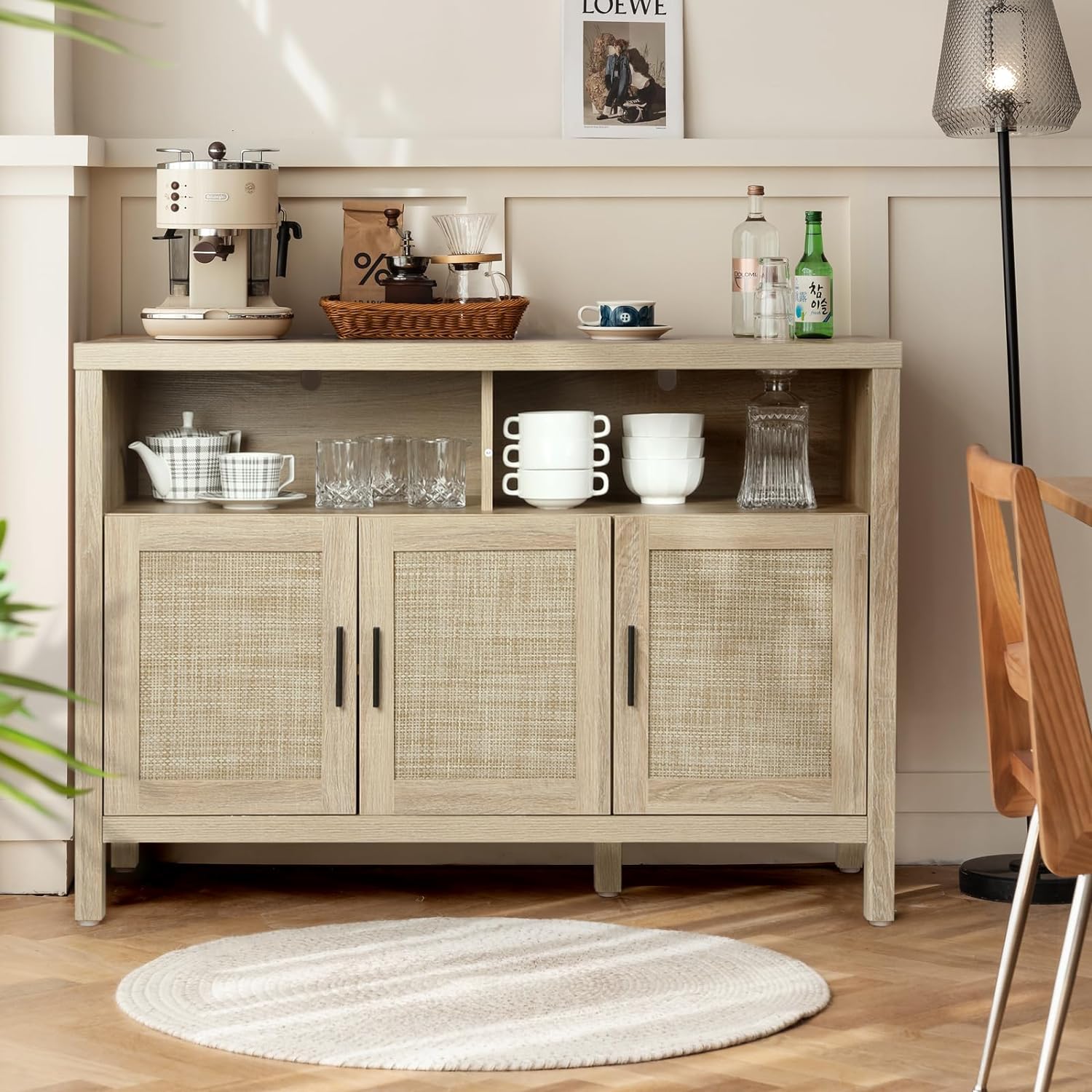 Rattan Buffet Sideboard Kitchen Storage Cabinet with 2 Shelves