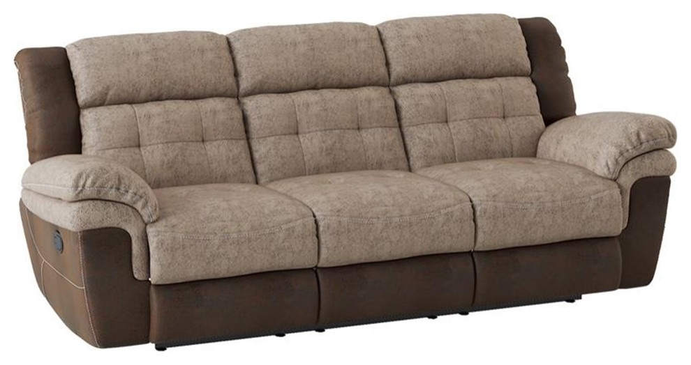 Lexicon Chai Traditional Microfiber Double Reclining Sofa in 2 Tone Brown   Transitional   Sofas   by Homesquare  Houzz