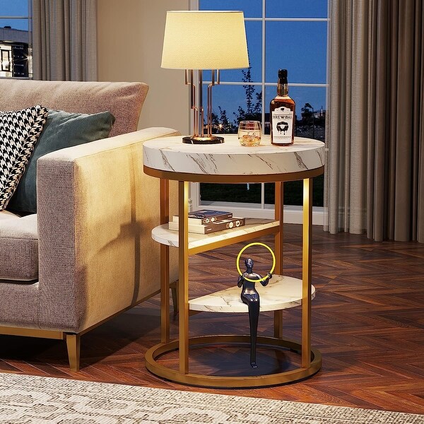 Gold End Table， Modern 3-Tier Side Table with Storage Shelf