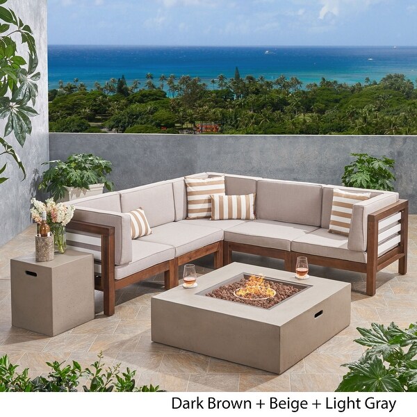 Oana Outdoor 5Seater VShaped Acacia Wood Sectional Sofa Set with Fire Pit by Christopher Knight Home