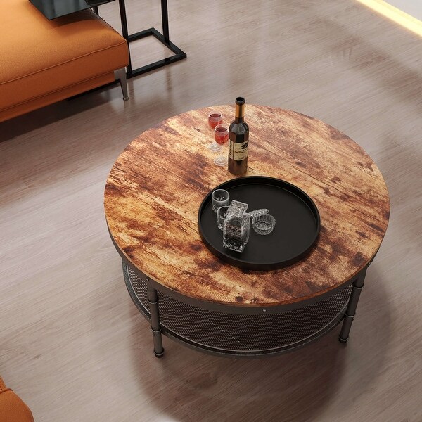 Modern Industrial Round Coffee Table with 3D Texture Metal Frame and Mesh