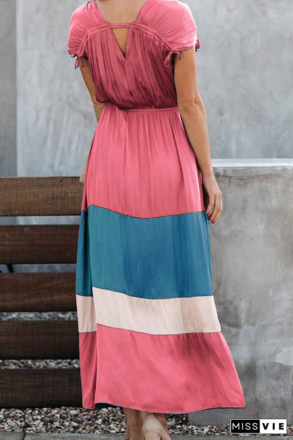 Summer Loose Multicolor Stitching V-Neck Short Sleeves Midi Dress