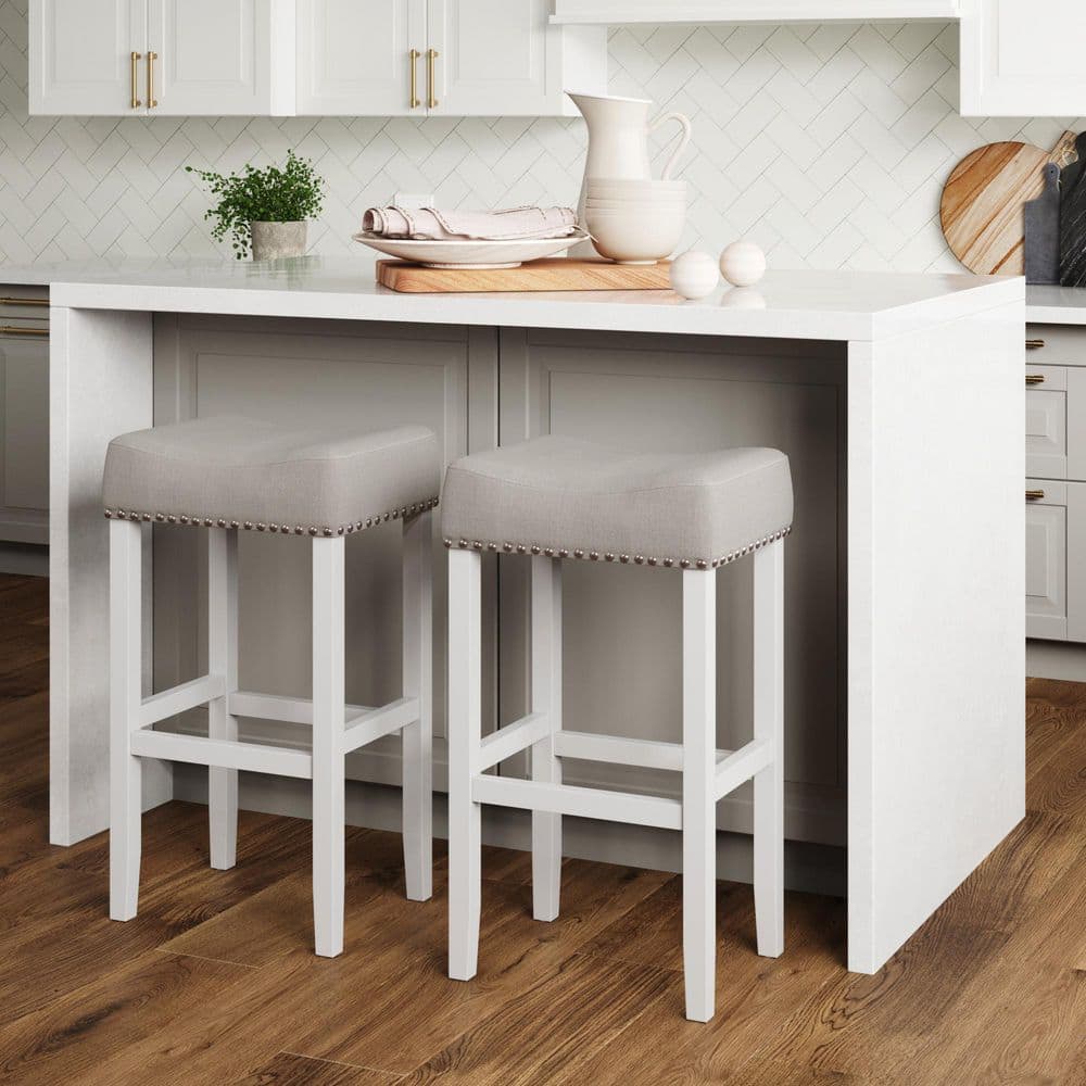 Nathan James Hylie 29 in. Gray Fabric Cushion White Finish Nailhead Wood Pub-Height Counter Bar Stool ( Set of 2) 21401-2