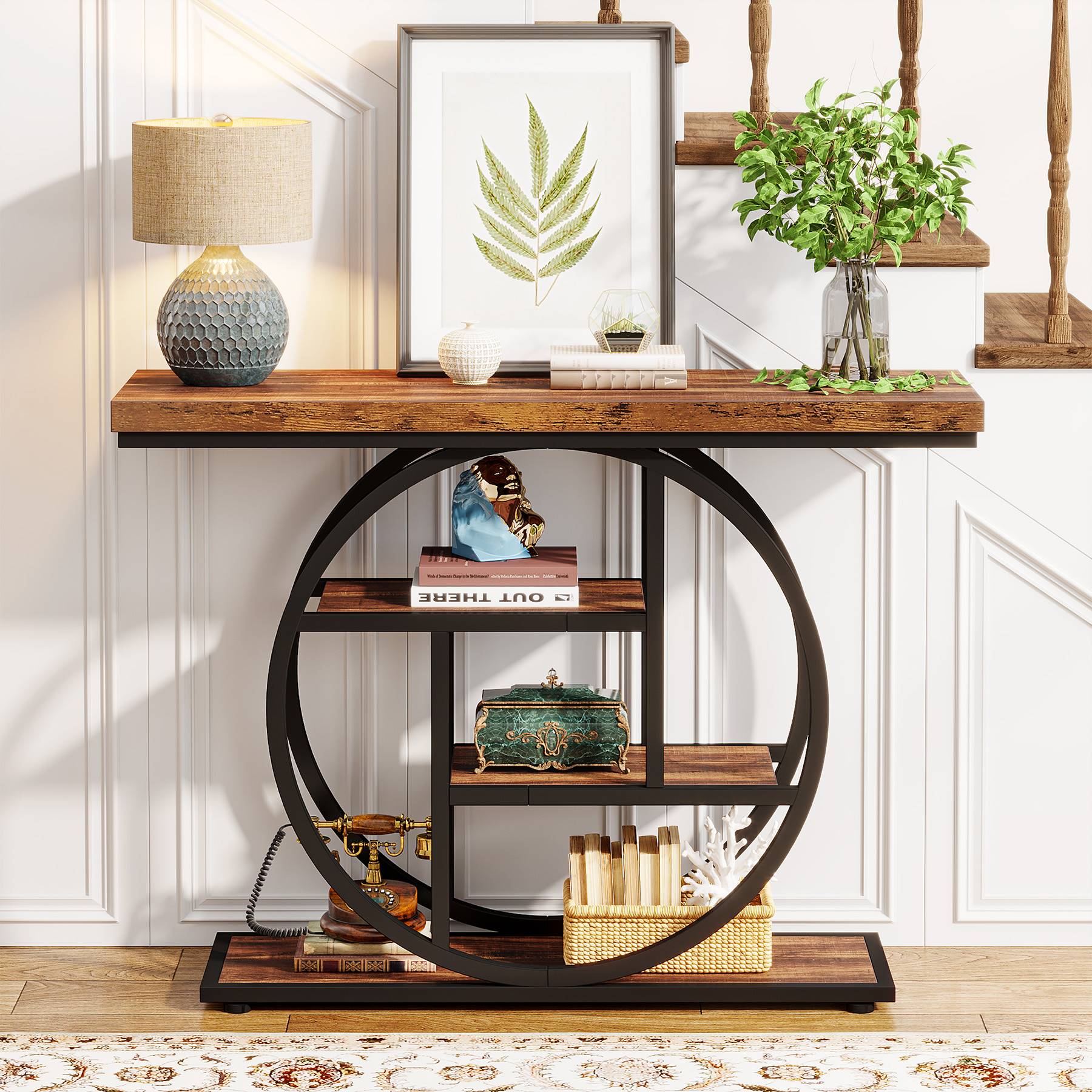 41.3 Console Table, Industrial 4-Tier Sofa Entryway Table with Circle Base