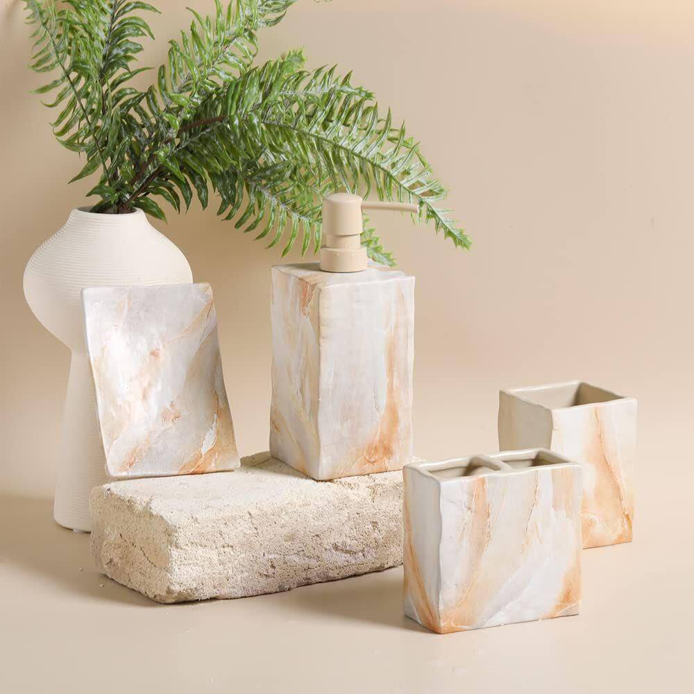 Dracelo 4-Piece Bathroom Accessory Set with Soap Dispenser Tumbler Soap Tray Toothbrush Holder in Marble Beige B09785PR79