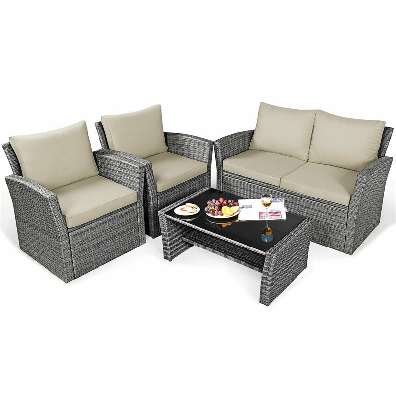 4 Pcs Rattan Patio Sectional Furniture Set with Storage Shelf Table, Cushioned Outdoor Wicker Conversation Sofa Set