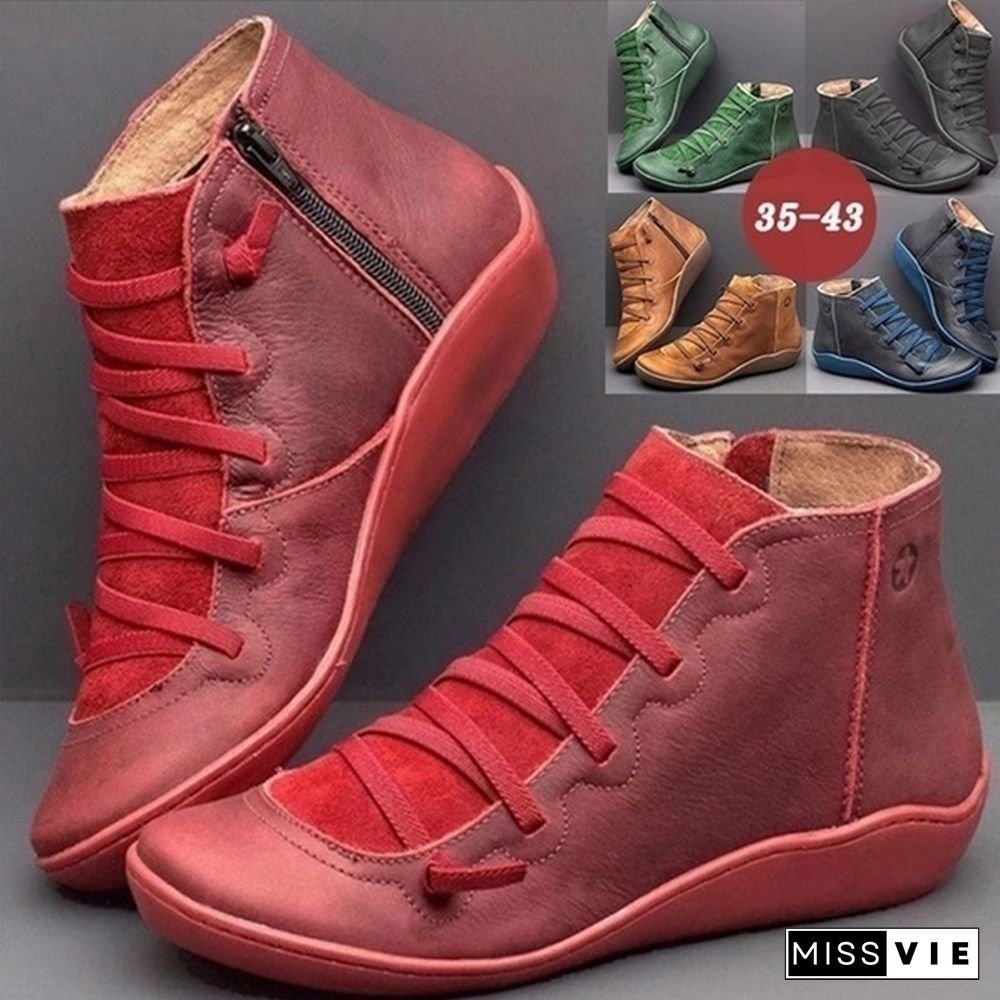 Women's Medieval Arch Support Ankle Boot All Season Casual Bandage Weaving Leather Short Boots Braided Strap Flat Heel Boots