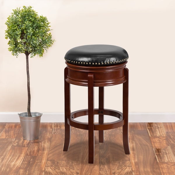 Carol 29'' High Backless Cappuccino Wood Barstool with Carved Apron and Black LeatherSoft Swivel Seat