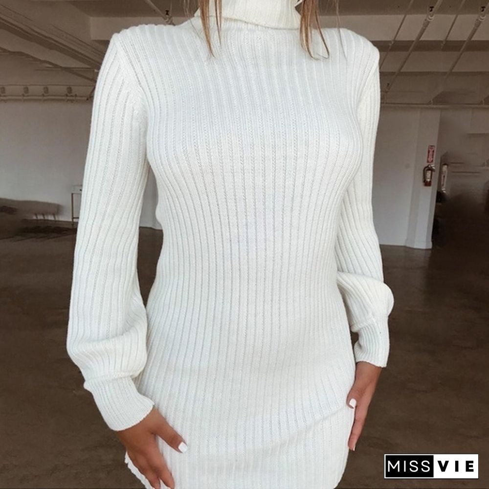 Women Autumn and Winter Long Sleeve Knitted Sweater Dress Ladies Fashion Keep Warm Knitting High Collar Slim Fit Bottoming Mini Knitting Dress