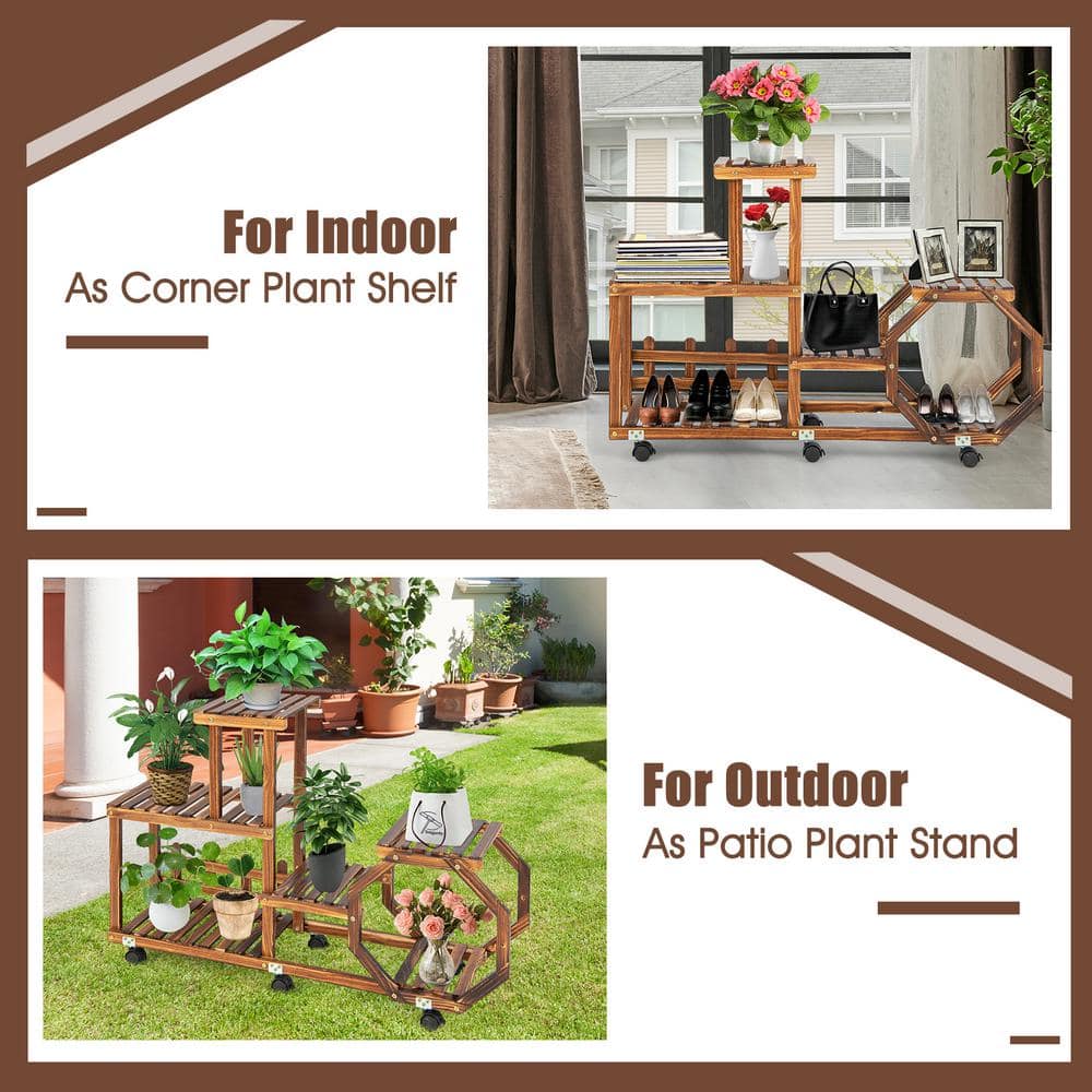 HONEY JOY 8 Potted Plant Stand Rack 100% Pine Wood Flower Pot Holder Shelf Multi-Layer Flower Stand with Wheels (6-Tier) TOPB006549